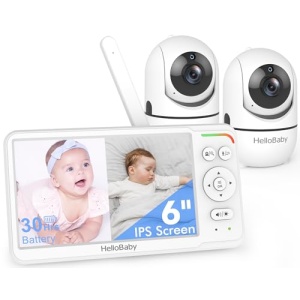 HelloBaby World's First 6" IPS Split Screen Baby Monitor with 2 Cameras - No WiFi, 30hr Battery, 355° Pan-Tilt, Night Vision, 1000ft, Portable Travel Video Audio Monitor with Temp Alert/Lullabies/VOX
