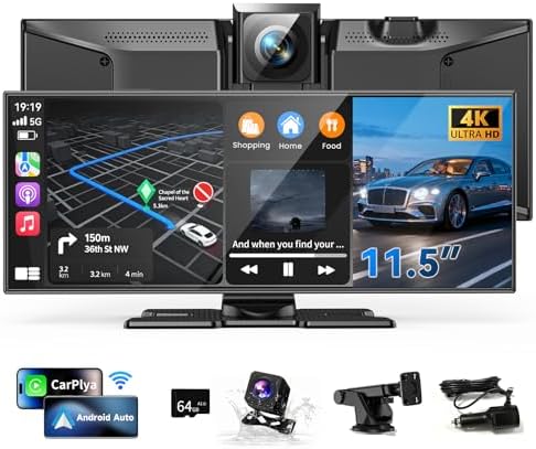 11.5" Wireless Carplay Screen for Car, Portable Apple Carplay & 11.5" Wireless Carplay Screen for Car, Portable Apple Carplay & Android Auto Touch Screen, 4K Dash Cam/App Control/Backup Camera/Mirror Link/Voice Control/GPS/Bluetooth,for All Vehicles