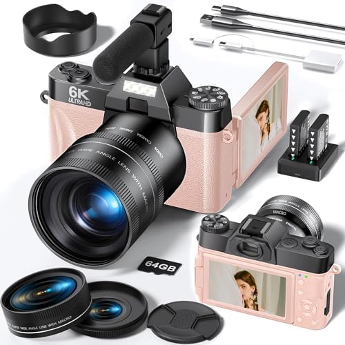 FLATIC Cameras for Photography, 6K 64MP Digital Camera with WiFi FLATIC Cameras for Photography, 6K 64MP Digital Camera with WiFi & Microphone for Youtuber, Vlogging Camera with 180°Flip Screen, 64GB Card, 2 Batteries, Macro & Wide-Angle Lens, Card Reader