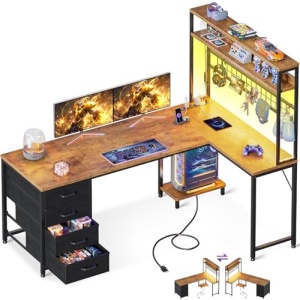 AODK L Shaped Gaming Desk with Hutch, 59" Computer Desk with 4 Drawers & Storage Shelves, Reversible Corner Desk with LED Light & Power Outlets, Gamer Table for for Home Office, Vintage