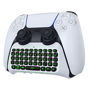 MoKo Keyboard for PS5 Controller with Green Backlight, Bluetooth Wireless Mini Keypad Chatpad for PlayStation 5, Built-in Speaker & 3.5mm Audio Jack for PS5 Controller Accessories