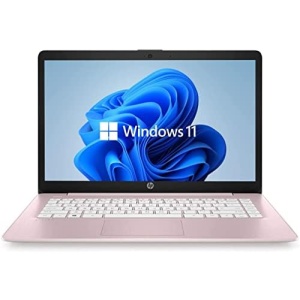 HP 14" HD Laptop, Windows 11, Intel Celeron Dual-Core Processor Up to 2.60GHz, 4GB RAM, 64GB SSD, Webcam, Dale Pink (Renewed)