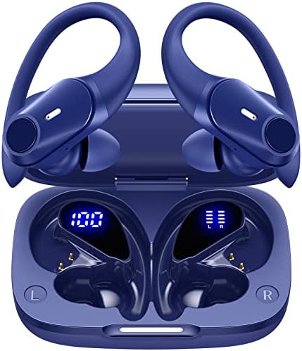 GOLREX Noise Cancelling Ear Buds Wireless Earbuds Bluetooth Headphones with GOLREX Noise Cancelling Ear Buds Wireless Earbuds Bluetooth Headphones with 80H Playtime, Dual LED Display, Wireless Charging Case, Over-Ear Hooks Earphones for Sports Running Gym Workout Blue