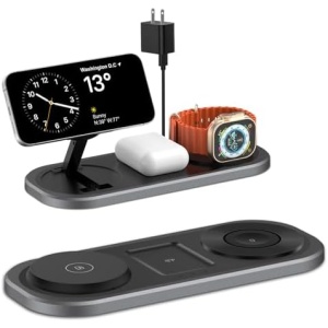 3 in 1 Fast Wireless Charger Stand for iPhone, Foldable Travel Charging Station for Magsafe for iPhone 17/Air/16/15/14/13/12 Series, Apple Watch Serie, AirPods pro/2/3/4, 2025 Christ mas Gifts (Black)