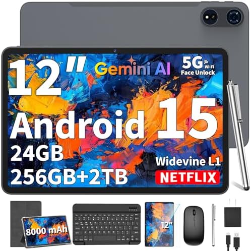 2026 12 Inch Tablet, Android 15 Tablets with Keyboard, 24GB+256GB+2TB 2026 12 Inch Tablet, Android 15 Tablets with Keyboard, 24GB+256GB+2TB Expand, 2K Display, Tablet PC with 5G WiFi, Octa-Core, 8000mAh, BT5.0, GMS, GPS, 2 in 1 Tablets with Case, Mouse, Stylus(Silver)