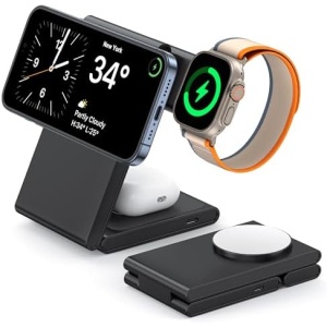 3 in 1 Wireless Charging Station for Multiple Devices, Fast Foldable Travel Mag-Safe Stand for iPhone 17/16/15/14/13 Series, Magnetic Charger for Apple Watch 11/10/Ultra 3/2/AirPods 4 with 20W Adapter