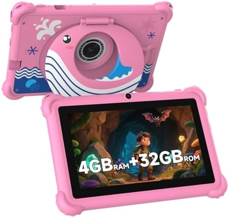 7-inch Kids Tablet for Toddlers, Android 12, 4GB RAM, 32GB 7-inch Kids Tablet for Toddlers, Android 12, 4GB RAM, 32GB ROM, WiFi, Bluetooth, Safe Eye Protection IPS Screen, Parental Controls, Dual Camera, Transparent Case for Education & Gaming (Pink)