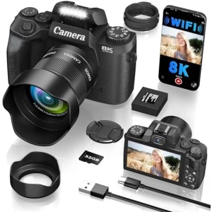 8K Digital Camera for Photography, WiFi & 4" Touch Screen Vlogging Camera for YouTube with Dual-Lens, 64MP Vlog Cameras 16X Digital Zoom with 32GB TF Card, 3000mAh Battery, Lens Hood, Black