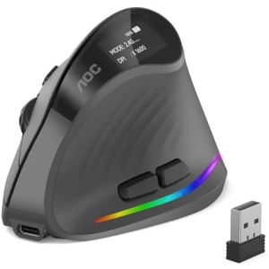 AOC 2.4GHz Ergonomic Mouse, Wireless Bluetooth Vertical Mouse for Work, 4800 DPI Optical Tracking, 5 Adjustable DPI, Quiet Clicks, RGB Light, Compatible with Computer, Laptop, PC, Mac, Desktop - Gray