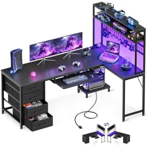 AODK 59 Inch L Shaped Desk with 4 Drawers, Gaming Desk with Led Lights & Power Outlets, Computer Desk with Pegboard & Keyboard Tray, Reverisble Home Office Desk with Storage Shelves & CPU Stand, Black