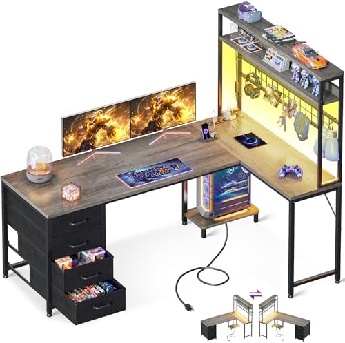 AODK L Shaped Gaming Desk with Hutch, 59" Computer Desk AODK L Shaped Gaming Desk with Hutch, 59" Computer Desk with 4 Drawers & Storage Shelves, Reversible Corner Desk with LED Light & Power Outlets, Gamer Table for for Home Office, Gray Oak