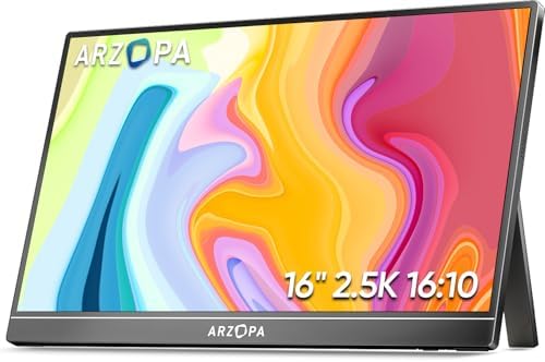 ARZOPA 16" 2.5K Portable Monitor, 2560x1600 QHD IPS Display 123% sRGB with Built-in Stand USB-C HDMI Eye Care External Second Screen for Mac Laptop Phone PS4/5 Xbox Switch -Z1RC
