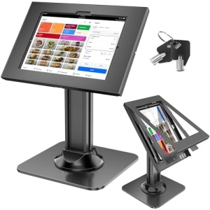 AboveTEK Anti-Theft iPad Kiosk Stand, POS iPad Security Stands, Aluminum Locking Tablet Stand with Heavy Duty Base, 360° Swivel & 75° Tilt, Retail Desk Mount for Business & Commercial Use (Black)