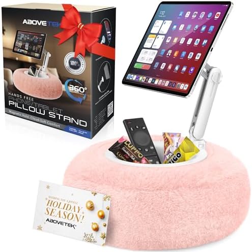 AboveTEK Kindle Pillow Stand, Magnetic iPad Holder for Bed with AboveTEK Kindle Pillow Stand, Magnetic iPad Holder for Bed with Snack Bowl, 360° Adjustable Soft Tablet Lap Pillow for Reading, Compatible with Kindle, Tablet, Phone, Ideal Cozy Gift for Women(Pink)