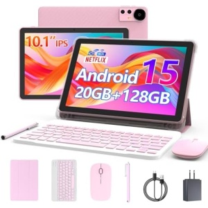 Android 15 Tablet 10 Inch, 20GB RAM+128GB ROM/ 2TB Expandable, 2.0GHz Quad-core Processor, 1280*800 HD Screen, 5G WiFi6 BT 5.0, 2 in 1 Tablets with Keyboard Case Mouse Stylus, Widevine L1 Pink