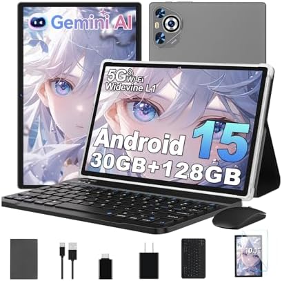 Android 15 Tablet, 30GB RAM + 128GB ROM 1TB TF, 2025 Tablet with Keyboard and Mouse, 10.1 inch Touchscreen, 8000mAh Battery, Incell Display, 2.0GHz, Gemini AI, 5G WiFi, BT 5.0, GPS- Metal Grey