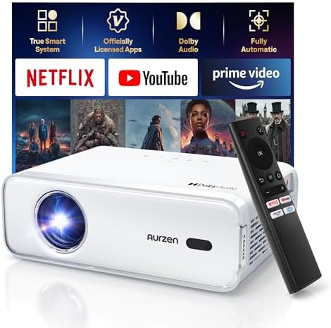 Aurzen EAZZE D1 Smart Projector with WiFi and Bluetooth, Christmas Aurzen EAZZE D1 Smart Projector with WiFi and Bluetooth, Christmas Gifts, Netflix-Officially-Licensed, Auto Focus & Keystone, DoIby Audio, Native 1080P Movie, Portable Outdoor Mini Projector, White