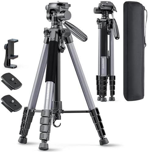 CAMBOFOTO 74"-Camera-Tripod, Professional Aluminum Tripod/Leg Stand Mirrorless Camera/DSLR/Cell Phone/Camcorder/GoPro, with Phone Holder and Travel Bag (Gunmetal Gray) Weight 2.8 lbs Load 8.8 lbs