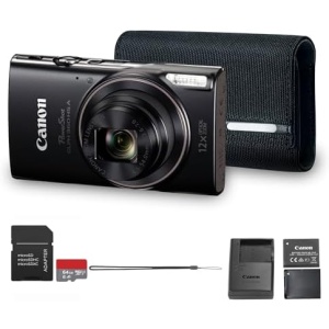 Canon PowerShot ELPH 360 HS A Digital Camera (Black) | 20.2MP CMOS Sensor, 12x Optical Zoom & Built-in Wi-Fi | Compact Point-and-Shoot for Travel & Everyday Photography (7280C001) + 64GB Card + Bag +