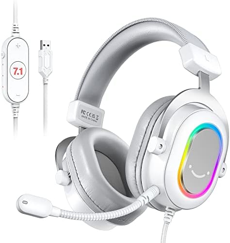 FIFINE USB Gaming Headset, PC Headphones Wired with Microphone for FIFINE USB Gaming Headset, PC Headphones Wired with Microphone for Computer/Laptop, Over-Ear RGB Headset with 7.1 Surround Sound, Noise Cancellation for Streaming Video Game- AmpliGame H6 (White)