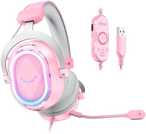 FIFINE Wired RGB Gaming Headset, PC Over-Ear Streaming Headset with FIFINE Wired RGB Gaming Headset, PC Over-Ear Streaming Headset with USB, 7.1 Surround Sound, Noise-Cancelling Mic, Soft Ear Pads, 4 EQ Modes for PC, Laptop, Mac, PS4, PS5 - AmpliGame H13P (Pink)