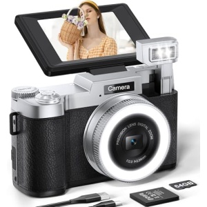 FLATIC Cameras for Photography, 6K 64MP Digital Camera with WiFi & Microphone for Youtuber (Silver-Black)