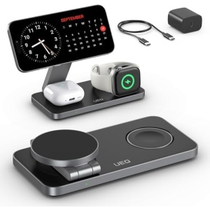 Foldable 3 in 1 Wireless Charging Station for Apple Magsafe Charger Stand,Fast Magnetic Wireless Charger Station for iPhone 17 Air 16 15 14 13 12 Series,Airpods Pro,Apple Watch Ultra (Pure Black)