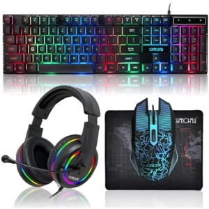Gaming LED Keyboard Mouse Headset and Mousepad Bundle, CHONCHOW Wired Rainbow LED Light Up Gaming Keyboard Mouse Headset, Value 4 in 1 Game Set for Xbox PS4 PS5 PC Laptop Gamer