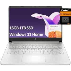 HP 14" Ultra-Light Laptop for Student & Home (Narrow-Bezel Display, Intel Pentium N5030, 16GB RAM, 1TB SSD, 1-Year Office 365) 11-Hr Long Battery Life, Webcam, Wi-Fi, IST SD Card, Win 11 Home, Silver