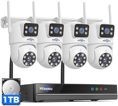Hiseeu Wireless Security Cameras Outdoor, 5G & 2.4G WiFi Pro, Hiseeu Wireless Security Cameras Outdoor, 5G & 2.4G WiFi Pro, Wireless Home Security Camera System, Dual Lens, 360° Pan & Tilt, Auto Tracking, Color Night Vision, 1TB HDD No Subscription, Need Plug In