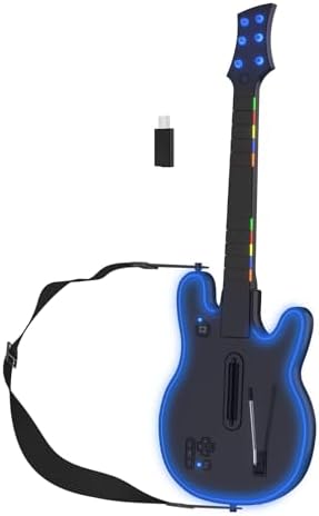 JJDWIN Wireless Guitar Hero Controller for PS4/PS3/PC, Rock Band & JJDWIN Wireless Guitar Hero Controller for PS4/PS3/PC, Rock Band & Clone Hero Games with RGB Light, Fortnite Festival with Strap & Wireless Dongle,Black