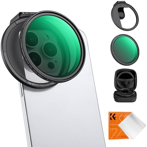 K&F Concept Clip On 67mm Variable ND2-32 Magnetic Phone Lens K&F Concept Clip On 67mm Variable ND2-32 Magnetic Phone Lens Filter Kit, Phone Clip with Magnetic Adapter Ring/Cold Shoe/Locking Knob, Neutral Density Filter Compatible with iPhone 16 15 Pro Max 14 13