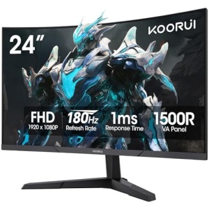 KOORUI 24 inch Curved Gaming Monitor 180Hz FHD 1080P Computer Monitor, 1ms 1500R Display, Adaptive Sync, FreeSync Premium, HDMI 2.0X2 & DP 1.2, VESA, Tilt, 24E6CA