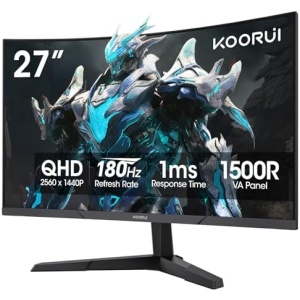 KOORUI 27 Inch Curved Gaming Monitor QHD (2560 x 1440) 180Hz, 1ms 1500R Display, Adaptive Sync, 90% DCI-P3, HDMI 2.0 & DisplayPort 1.4, VESA, Tilt, Eye Care, 27E6QCA