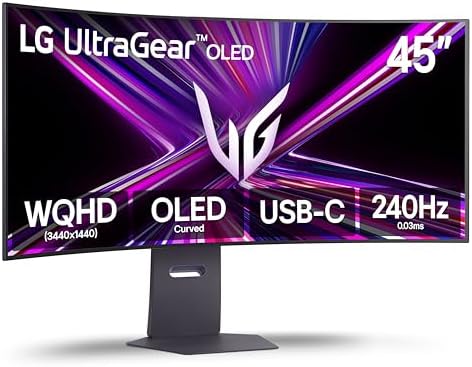 LG 45GX900A-B 45-Inch Ultragear WQHD (3440 x 1440) OLED Curved Gaming Monitor, 240Hz, 0.03ms, NVIDIA G-Sync, VESA DisplayHDR True Black 400, HDMI 2.1, DisplayPort, USB Type-C PD 65W, Black