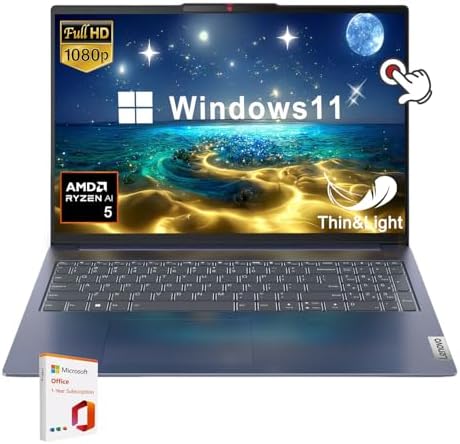 Lenovo IdeaPad 5 Slim Laptop, AMD Ryzen 5 8645HS, 16" Lenovo IdeaPad 5 Slim Laptop, AMD Ryzen 5 8645HS, 16" WUXGA (1920 x 1200) Touchscreen, 16GB LPDDR5x-6400 Memory, 512GB PCIe SSD, Windows 11 H, w/Office 365 (Windows 11 Home, 16GB RAM | 512GB PCIe SSD)