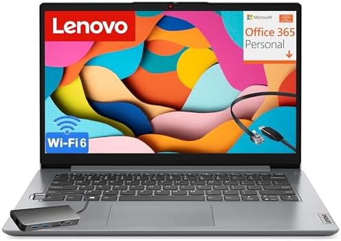 Lenovo IdeaPad Laptop for Students, 1-Year Office 365, Intel High Performance CPU, 4GB RAM, 128GB eMMC, SD-Card Reader, WiFi 6, Windows 11 S, 8 in 1 Hub, Type C RJ45 Cable