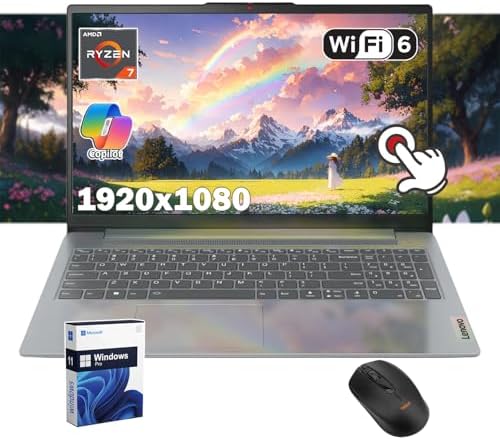 Lenovo IdeaPad Slim 3 Business Laptop, 15.6" FHD IPS Touchscreen, Lenovo IdeaPad Slim 3 Business Laptop, 15.6" FHD IPS Touchscreen, Copilot AI PC, 8-Core AMD Ryzen 7 5825U, Wi-Fi 6, Windows 11 Pro, w/Mouse