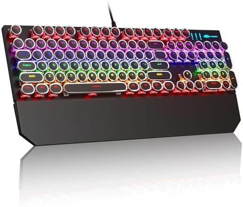 MageGee Typewriter Mechanical Gaming Keyboard, Retro Black Punk Round Keycaps MageGee Typewriter Mechanical Gaming Keyboard, Retro Black Punk Round Keycaps RGB Rainbow Backlit Wired Keyboards for Laptop MAC PC Gamer, with Magnetic Wrist Rest - Blue Switch