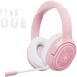 Mytrix Sakura Wireless Gaming Headset for PC, PS4, PS5, Mac, Switch, 50mm Drivers, 2.4GHz & Bluetooth Gaming Headphones with Noise Cancelling Mic, Over Ear Headphones for Xbox with Wired - Pink