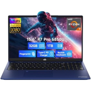 NIMO 15.6" Light-Gaming-Laptop, 8 Cores AMD Ryzen 7 Pro 6850U 32GB LPDDR5 RAM 1TB SSD (Beat i7-1360P Up to 4.7GHz) AMD Radeon 680M GPU IPS FHD Computer with 100W Type-C Backlit Keyboard Fingerprint