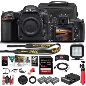 Nikon D500 DSLR Camera (Body Only) (1559) + 64GB Memory Card + Case + Corel Photo Software + 2 x EN-EL 15 Battery + Card Reader + LED Light + HDMI Cable + Cleaning Set + Flex Tripod + More (Renewed)