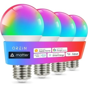 OREiN Matter Smart Light Bulb, Smart Light Bulbs Work with Apple Home, Alexa, Google Home, SmartThings, A19 Color Changing Light Bulbs 2.4Ghz WiFi, 800 Lumens Equivalent 60W 4Pack