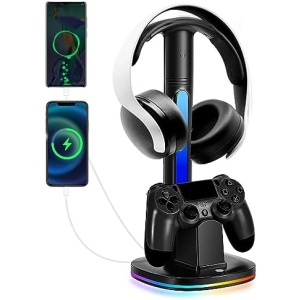 PS4 Controller Charger with RGB Headphone Stand, JDGPOKOO PS4 Controller Charger Dock Station with 2 USB Charging Ports, Headset Stand for PlayStation 4 Charging Station, Black