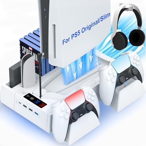 PS5/Slim Cooling Station for PS5 Disc&Digital, PS5 Cooling Stand with PS5/Slim Cooling Station for PS5 Disc&Digital, PS5 Cooling Stand with Dual Controller Charging for PlayStation 5 Console, Multi-Function PlayStation 5 Accessories Controller Charger with Storage Slot