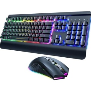 RisoPhy Wireless Gaming Keyboard and Mouse Combo, Metal Panel, 7 Color Backlits, Rechargeable 3200 mAh Battery, Wrist Rest, Sleep Mode, Light Up Keyboard + 7D 3200DPI Gaming Mice for PC Gamer