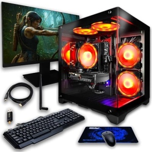 SAAV X10 2026 Gaming PC Tower Computer, AMD Ryzen 5 5500 4.2GHz, GeForce RTX 3050 6GB GDDR6, 22 in Monitor, 32GB DDR4, 1TB NVMe SSD, WiFi 6, Windows 11, RGB Prebuilt Desktop Bundle