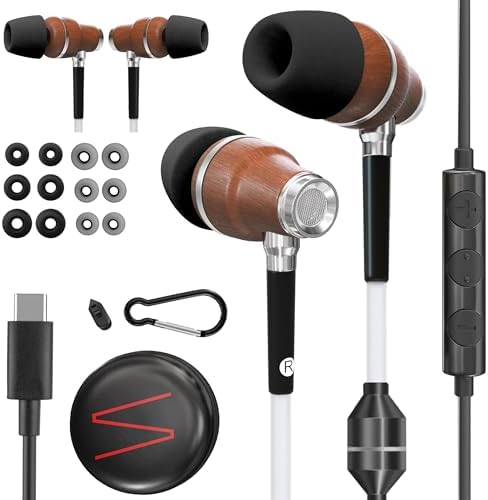 Symphonized Premium Wooden Airtube Headphones EMF Earbuds, 3D Sound, Microphone Volume Control, 8mm Bass Drivers Granting High Audio Quality for USB C Android Devices and iPhone 15, 16, 17