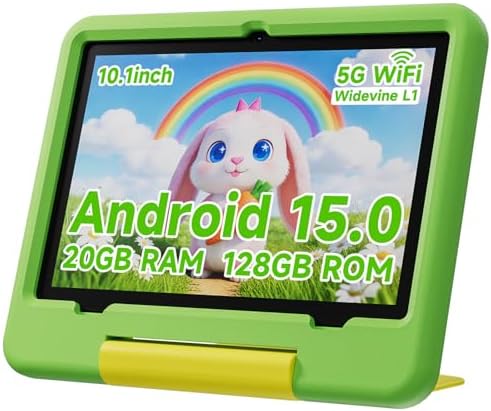 Tablet for Kids with EVA Protective Case, Android 15.0 Toddler Tab PC 10.1Inch RAM 20GB(4+16Expand) + ROM 128GB IPS 800 * 1280 5.0Bluetooth (Green)