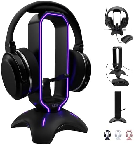 Tilted Nation Gaming Headset Stand | RGB Headphone Stand for Tilted Nation Gaming Headset Stand | RGB Headphone Stand for Desk with Mouse Bungee and USB Hub (Cool and Clean Setup) Gaming Headset Holder - Perfect Gamer Gift Accessory